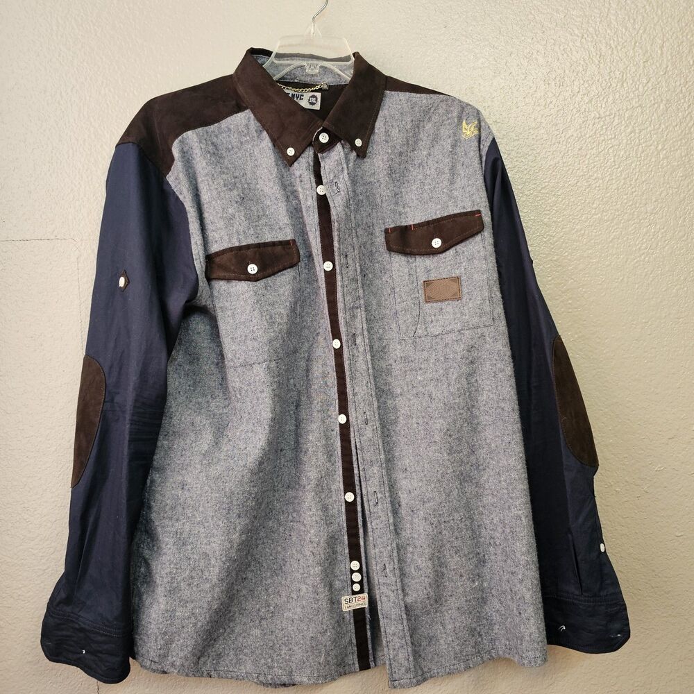 Y2K Patchwork Chambray Button Shirt Men 3XL Colorblock Workwear Streetwear EE474